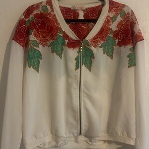 MIA Red and Green Bomber Jacket Vibrant Floral Design
